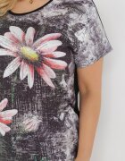generation Bluză Neagră Oversize cu Imprimeu Metalic Floral cu Zirconii Deqsa