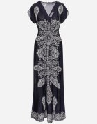 generation Rochie bleumarin cu model ornamental cu decolteu petrecut și elastic în talie Elasevia