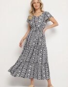 generation Rochie Bleumarin de Bumbac Decorată cu Model Aztec cu Șnur în Talie Orrialle