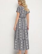 generation Rochie Bleumarin de Bumbac Decorată cu Model Aztec cu Șnur în Talie Orrialle