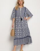 generation Rochie bleumarin din bumbac stil boho cu legătură la decolteu Orradelle