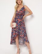 generation Rochie bleumarin-roșie din bumbac petrecută cu bretele subțiri cu imprimeu floral Rissamira