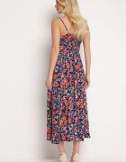 generation Rochie bleumarin-roșie din bumbac petrecută cu bretele subțiri cu imprimeu floral Rissamira