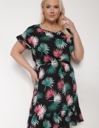 generation Rochie de Bumbac Negru-Verde cu Motiv Floral și Legătură în Talie Rissani