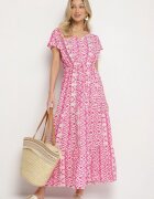 generation Rochie din Bumbac Roz Decorată Cu Model Aztec Cu Șnur în Talie