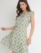 generation Rochie Mini Albastru-Galbenă din Bumbac cu Elastic în Talie Caara
