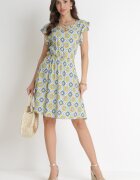 generation Rochie Mini Albastru-Galbenă din Bumbac cu Elastic în Talie Caara