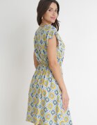 generation Rochie Mini Albastru-Galbenă din Bumbac cu Elastic în Talie Caara
