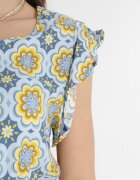 generation Rochie Mini Albastru-Galbenă din Bumbac cu Elastic în Talie Caara