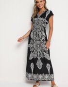 generation Rochie Neagră cu Model Ornamental cu Decolteu Petrecut și Talie Elastică Elasevia