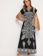 generation Rochie Neagră cu Model Ornamental cu Decolteu Petrecut și Talie Elastică Elasevia