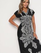 generation Rochie Neagră cu Model Ornamental cu Decolteu Petrecut și Talie Elastică Elasevia