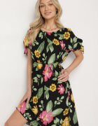generation Rochie neagră de bumbac cu imprimeu floral cu șnur în talie și la mâneci Tosmira