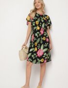 generation Rochie neagră de bumbac cu imprimeu floral cu șnur în talie și la mâneci Tosmira