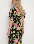 generation Rochie neagră de bumbac cu imprimeu floral cu șnur în talie și la mâneci Tosmira