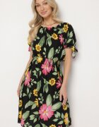 generation Rochie neagră de bumbac cu imprimeu floral cu șnur în talie și la mâneci Tosmira
