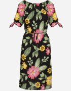 generation Rochie neagră de bumbac cu imprimeu floral cu șnur în talie și la mâneci Tosmira