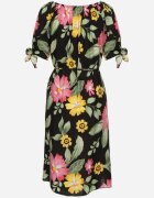 generation Rochie neagră de bumbac cu imprimeu floral cu șnur în talie și la mâneci Tosmira