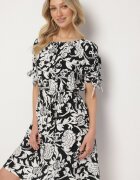 generation Rochie Neagră Din Bumbac cu Plante Ornamentale și Legături la Mâneci Tosvena