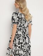 generation Rochie Neagră Din Bumbac cu Plante Ornamentale și Legături la Mâneci Tosvena