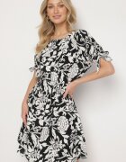 generation Rochie Neagră Din Bumbac cu Plante Ornamentale și Legături la Mâneci Tosvena