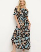 generation Rochie Negru-Albastru cu Decolteu Spaniol cu Curea Legată Floral din Bumbac Rissanique