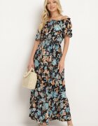 generation Rochie Negru-Albastru cu Decolteu Spaniol cu Curea Legată Floral din Bumbac Rissanique