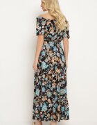 generation Rochie Negru-Albastru cu Decolteu Spaniol cu Curea Legată Floral din Bumbac Rissanique