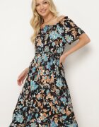 generation Rochie Negru-Albastru cu Decolteu Spaniol cu Curea Legată Floral din Bumbac Rissanique