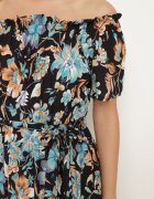 generation Rochie Negru-Albastru cu Decolteu Spaniol cu Curea Legată Floral din Bumbac Rissanique