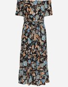 generation Rochie Negru-Albastru cu Decolteu Spaniol cu Curea Legată Floral din Bumbac Rissanique