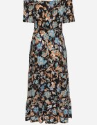 generation Rochie Negru-Albastru cu Decolteu Spaniol cu Curea Legată Floral din Bumbac Rissanique