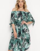 generation Rochie Spaniolă Alb-Verde din Bumbac cu Curea și Cordon la Mâneci Celintia