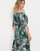 generation Rochie Spaniolă Alb-Verde din Bumbac cu Curea și Cordon la Mâneci Celintia