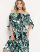 generation Rochie Spaniolă Alb-Verde din Bumbac cu Curea și Cordon la Mâneci Celintia