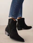  Ghete Negre Cowboy din Piele intoarsă ecologică pe Toc Gros Scund Nevelita