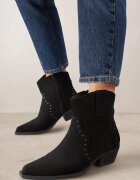  Ghete Negre Cowboy din Piele intoarsă ecologică pe Toc Gros Scund Nevelita