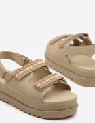 givana Sandale bej închis cu talpă groasă cu închidere velcro și broderie decorativă Soricca