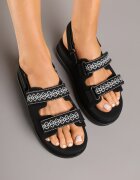 givana Sandale Negre pe talpă groasă cu închidere cu scai și broderie decorativă Soricca