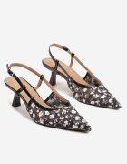 givana Sandale Negre Slingback din plasă cu flori cu toc tip kitten heel Lisanis