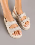 givana Sandały beżowe cu talpă groasă cu închidere cu velcro și broderie decorativă Soricca