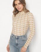 glo-story Bluză Alb-Bej din Bumbac cu Guler înalt și Mânecă Lungă cu Model Geometric Vilitila