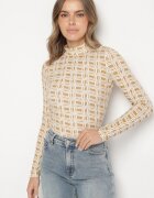 glo-story Bluză Alb-Bej din Bumbac cu Guler înalt și Mânecă Lungă cu Model Geometric Vilitila