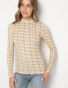 glo-story Bluză Alb-Bej din Bumbac cu Guler înalt și Mânecă Lungă cu Model Geometric Vilitila