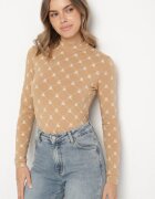 glo-story Bluză Bej Din Bumbac Cu Guler Semi-înalt Tip Longsleeve Cu Model Geometric Tilianna