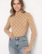 glo-story Bluză Bej Din Bumbac Cu Guler Semi-înalt Tip Longsleeve Cu Model Geometric Tilianna