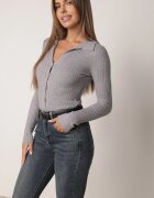 glo-story Bluză tricotată cu nasturi cardigan cu decolteu în V și guler Lotile Gri