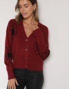 glo-story Cardigan Bordeaux cu Nasturi cu Flori Brodate Tustara