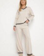 glo-story Compleu Tricotat Bej deschis cu Bordură Decorativă Pulover și Pantaloni largi Ralenae