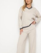 glo-story Compleu Tricotat Bej deschis cu Bordură Decorativă Pulover și Pantaloni largi Ralenae